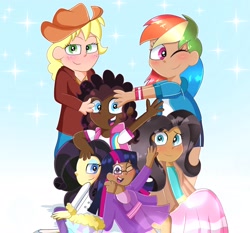 Size: 3084x2870 | Tagged: safe, artist:scorbunnyd, derpibooru import, applejack, fluttershy, pinkie pie, rainbow dash, rarity, twilight sparkle, human, g4, clothes, commission, commissioner:prixy05, dark skin, gradient background, group hug, hug, humanized, light skin, mane six, moderate dark skin