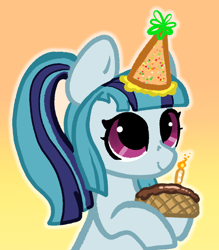 Size: 648x740 | Tagged: safe, artist:nootaz, derpibooru import, sonata dusk, earth pony, pony, anniversary, anniversary art, choco taco, cute, earth pony sonata dusk, equestria girls ponified, female, gradient background, hat, mare, party hat, ponified, ponytail, purple eyes, rainbow rocks 10th anniversary, solo, sonatabetes, species swap