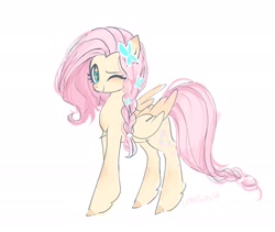 Size: 2048x1726 | Tagged: safe, artist:petaltwinkle, derpibooru import, fluttershy, pegasus, g4, alternate hairstyle, braid, butterfly hairpin, cute, female, looking at you, mare, one eye closed, redesign, shyabetes, solo, unshorn fetlocks, wink