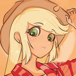 Size: 4000x4000 | Tagged: safe, artist:lotus, derpibooru import, applejack, human, g4, bust, cute, humanized, jackabetes, looking at you, orange background, portrait, simple background, solo, spotlight, text