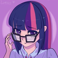 Size: 4000x4000 | Tagged: safe, artist:lotus, derpibooru import, twilight sparkle, human, g4, bust, clothes, glasses, humanized, portrait, purple background, shirt, simple background, solo, spotlight, text