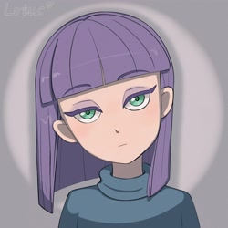 Size: 4000x4000 | Tagged: safe, artist:lotus, derpibooru import, maud pie, human, g4, bust, gray background, humanized, looking at you, portrait, simple background, solo, spotlight, text