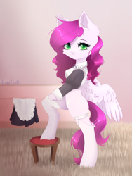 Size: 2254x2994 | Tagged: safe, artist:azemifoster, derpibooru import, oc, oc only, oc:ellie berryheart, pegasus, pony, g4, apron, clothes, dress, female, green eyes, housewife, maid, solo, stockings, stool, thigh highs, white wings, wings