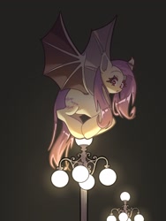 Size: 1536x2048 | Tagged: safe, artist:mugitya012, derpibooru import, fluttershy, bat pony, pony, g4, bat ponified, bat wings, female, flutterbat, lamppost, mare, race swap, solo, spread wings, wings