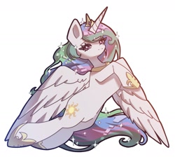 Size: 2013x1804 | Tagged: safe, artist:mugitya012, derpibooru import, princess celestia, alicorn, pony, g4, crown, female, hoof shoes, horn, jewelry, mare, one eye closed, peytral, princess shoes, regalia, simple background, solo, sparkles, white background, wings