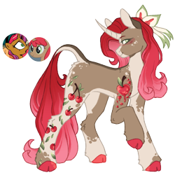 Size: 1000x1000 | Tagged: safe, artist:kazmuun, derpibooru import, idw, cherry spices, pony, unicorn, series:kazmuun's drawing every pony, g4, alternate design, alternative cutie mark placement, blaze (coat marking), blush lines, blushing, bow, butt fluff, cascading cutie mark, cloven hooves, coat markings, colored ears, colored eyelashes, colored hooves, colored pinnae, curved horn, dappled, dorsal stripe, facial markings, female, freckles, gradient mane, gradient tail, green eyelashes, green eyes, hair bow, head turn, hooves, horn, leg fluff, leonine tail, looking at you, mare, mismatched hooves, multicolored hooves, pale belly, raised hoof, raised leg, red hooves, redesign, shoulder cutie mark, simple background, solo, standing, tail, transparent background, white pupils