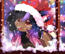 Size: 2048x1717 | Tagged: safe, artist:airiniblock, derpibooru import, oc, oc only, oc:alexus nictivia, hybrid, christmas, hat, holiday, santa hat, snow, snowfall, solo, string lights, window