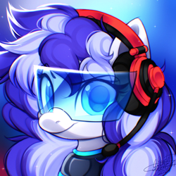 Size: 750x750 | Tagged: safe, artist:scarlet-spectrum, derpibooru import, oc, oc only, oc:cinnabyte, pony, gradient background, headphones, headset, microphone, solo