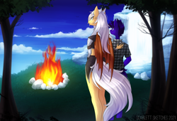 Size: 1800x1226 | Tagged: safe, artist:scarlet-spectrum, derpibooru import, oc, oc only, oc:silver veil, anthro, bat pony, unguligrade anthro, unicorn, bat pony oc, campfire, duo, fire, horn, tree, unicorn oc, water, waterfall