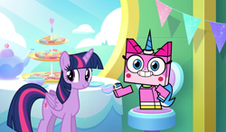 Size: 1201x701 | Tagged: safe, artist:luckreza8, derpibooru import, twilight sparkle, twilight sparkle (alicorn), alicorn, cat, pony, g4, crossover, lego, tara strong, tea party, the lego movie, unikitty, unikitty!, voice actor joke