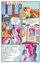 Size: 1496x2300 | Tagged: safe, artist:skysorbett, derpibooru import, oc, oc only, oc:peach bubble, oc:sky sorbet, pegasus, pony, unicorn, comic:breaking free, blushing, comic, female, horn, mare, newspaper, speech bubble, talking