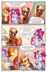 Size: 1496x2300 | Tagged: safe, artist:skysorbett, derpibooru import, oc, oc only, oc:hazel blossom, oc:peach bubble, oc:sky sorbet, earth pony, pegasus, pony, unicorn, comic:breaking free, blushing, bread, comic, croissant, cup, female, food, horn, mare, newspaper, speech bubble, talking, teacup, tray