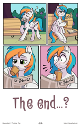 Size: 1496x2300 | Tagged: safe, artist:skysorbett, derpibooru import, oc, oc only, oc:twister joy, pegasus, pony, comic:breaking free, bench, coffee, coffee cup, comic, cup, male, newspaper, outdoors, park, sitting, stallion