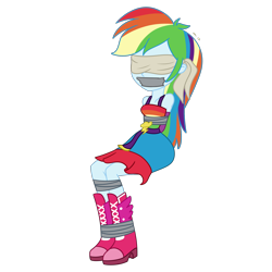 Size: 2000x2000 | Tagged: safe, artist:nie-martw-sie-o-mnie, derpibooru import, rainbow dash, human, equestria girls, g4, arm behind back, blindfold, bondage, boots, bound and gagged, clothes, dashsub, dress, evening gloves, fall formal outfits, female, femsub, gag, gloves, long gloves, shoes, simple background, sitting, solo, submissive, tape, tape bondage, tape gag, tied up, transparent background