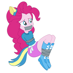 Size: 2000x2000 | Tagged: safe, artist:nie-martw-sie-o-mnie, derpibooru import, pinkie pie, human, equestria girls, g4, arm behind back, bondage, boots, bound and gagged, clothes, female, femsub, gag, helping twilight win the crown, pinkiesub, shoes, simple background, skirt, solo, submissive, tape, tape bondage, tape gag, tied up, transparent background, wondercolts uniform