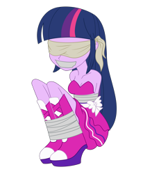 Size: 1888x2288 | Tagged: safe, artist:nie-martw-sie-o-mnie, derpibooru import, twilight sparkle, human, equestria girls, g4, arm behind back, bare shoulders, blindfold, bondage, bound and gagged, clothes, dress, fall formal outfits, female, femsub, gag, simple background, solo, submissive, tape, tape bondage, tape gag, tied up, transparent background, twisub