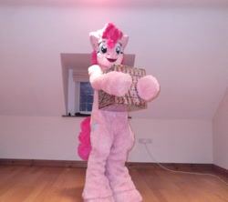 Size: 1269x1126 | Tagged: safe, artist:spainfischer, derpibooru import, pinkie pie, box, fursuit, hoof hold, indoors, irl, photo, ponysuit, solo