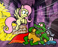 Size: 1838x1476 | Tagged: safe, artist:captainquack64, derpibooru import, fluttershy, pegasus, pony, g4, banana, donkey kong (series), donkey kong country, female, food, king k. rool, kremling, male, mare, nintendo, stare, the stare