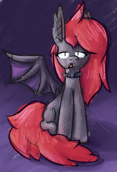 Size: 1575x2310 | Tagged: safe, artist:vandercat, derpibooru import, oc, oc only, oc:mr. yabloko, bat pony, pony, bat pony oc, bat wings, chips, doritos, food, gradient background, gray coat, red mane, red tail, sitting, solo, tail, wings