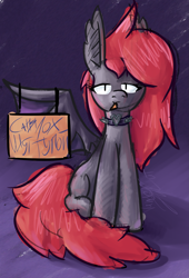 Size: 1575x2310 | Tagged: safe, alternate version, artist:vandercat, derpibooru import, oc, oc only, oc:mr. yabloko, bat pony, pony, bat pony oc, bat wings, chips, doritos, food, gradient background, gray coat, red mane, red tail, sign, sitting, solo, tail, vulgar, wings