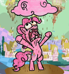 Size: 1024x1096 | Tagged: safe, artist:captainquack64, derpibooru import, pinkie pie, earth pony, pony, g4, bipedal, bloodshot eyes, chaos, chocolate, chocolate rain, chocolate with nuts, discorded landscape, female, floating island, food, mare, ponyville, rain, solo, spongebob squarepants