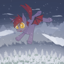 Size: 1000x1000 | Tagged: safe, artist:mileslancer, derpibooru import, oc, oc only, oc:embusteiro, bat pony, cloud, falling, gradient background, male, mountain, mountain range, snow, solo, stallion