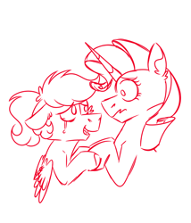 Size: 600x700 | Tagged: safe, artist:fuckomcfuck, derpibooru import, rarity, oc, oc:doodles, pegasus, pony, unicorn, g4, canon x oc, crying, duo, duo female, female, horn, lesbian, shipping, simple background, sketch, white background