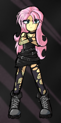 Size: 1440x2889 | Tagged: safe, artist:lemomew, derpibooru import, fluttershy, equestria girls, g4, annoyed, boots, clothes, crossed arms, emoshy, fishnet clothing, fishnet stockings, fluttergoth, flutterpunk, goth, punk, shoes, solo, stockings, thigh highs