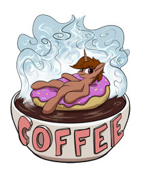 Size: 1000x1200 | Tagged: safe, artist:rocket-lawnchair, derpibooru import, oc, oc only, oc:coffee, pony, unicorn, coffee, coffee cup, cup, donut, food, horn, simple background, solo, transparent background, unicorn oc