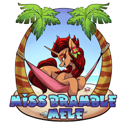 Size: 1400x1400 | Tagged: safe, artist:rocket-lawnchair, derpibooru import, oc, oc only, oc:bramble angel mele, pony, unicorn, hammock, horn, palm tree, simple background, solo, transparent background, tree, unicorn oc