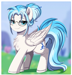 Size: 2206x2284 | Tagged: safe, artist:pridark, derpibooru import, oc, oc only, oc:lesa castle, pegasus, pony, blurry background, chest fluff, female, glasses, hairpin, looking at you, milf, outdoors, passepartout, pegasus oc, solo, standing, wings