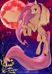 Size: 1240x1754 | Tagged: safe, artist:baddogcredentials, derpibooru import, fluttershy, bat pony, pony, g4, bat ponified, blood moon, chest fluff, female, flutterbat, flying, full moon, looking at you, mare, moon, race swap, solo, spread wings, unshorn fetlocks, wings