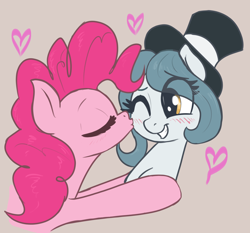 Size: 2740x2550 | Tagged: safe, artist:t72b, derpibooru import, pinkie pie, oc, oc:hattsy, earth pony, pony, g4, blushing, canon x oc, eyes closed, female, grin, hat, kiss on the cheek, kissing, mare, one eye closed, simple background, smiling, top hat