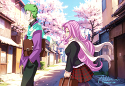 Size: 1075x744 | Tagged: safe, artist:neldorwen, derpibooru import, part of a series, part of a set, fluttershy, spike, human, g4, adult, adult spike, anime, commission, commissioner:beef--wellington, digital art, digital painting, duo, duo female, duo male and female, fanart, female, flutterspike, human spike, humanized, male, older, older spike, shipping, story:the life and times of the equestrian dragon, straight