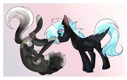 Size: 1302x820 | Tagged: safe, artist:gnocchicavearts, derpibooru import, oc, oc only, oc:midnight lancer, oc:obsidian limelight, crystal pony, pegasus, pony, unicorn, cute, duo, duo male and female, eye clipping through hair, female, gradient background, horn, lying down, male, mare, on back, passepartout, signature, smiling, stallion, upside down, wings