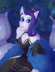 Size: 3148x4096 | Tagged: safe, artist:yutailaarts, derpibooru import, rarity, anthro, unicorn, g4, alternate hairstyle, breasts, cleavage, clothes, dress, evening gloves, feather boa, female, fishtail dress meme, gloves, horn, long gloves, looking up, mare, meme, raritits, solo