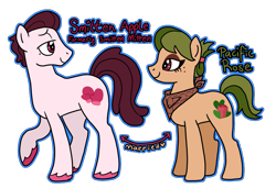 Size: 1139x779 | Tagged: safe, artist:queertrixie, derpibooru exclusive, derpibooru import, oc, oc only, oc:pacific rose, oc:smitten apple, earth pony, pony, apple family member, couple, duo, duo male and female, female, male, mare, neckerchief, simple background, stallion, transparent background