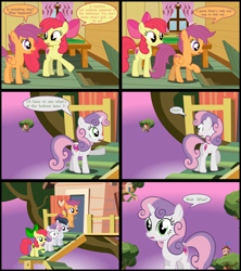 Size: 5400x6075 | Tagged: safe, artist:gm-scoots, derpibooru import, apple bloom, rumble, scootaloo, sweetie belle, earth pony, pegasus, pony, unicorn, g4, apple bloom's bow, bow, butt, clubhouse, collaboration:crusade crisis, colt, crusaders clubhouse, cutie mark crusaders, female, filly, foal, green lantern ring, hair bow, horn, male, plot