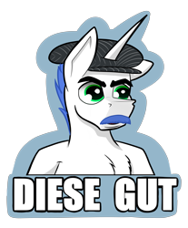 Size: 4645x5616 | Tagged: safe, artist:bumskuchen, derpibooru import, oc, oc only, oc:shifting gear, pony, unicorn, bust, clothes, german, german meme, hat, horn, meme, solo, sticker