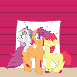 Size: 720x720 | Tagged: safe, derpibooru import, apple bloom, scootaloo, sweetie belle, earth pony, pegasus, pony, unicorn, g4, cutie mark crusaders, female, horn, lesbian, looking at each other, looking at someone, paint stains, polyamory, ship:scootabelle, ship:scootabloom, ship:sweetiebloom, ship:sweetiebloomaloo, shipping, trio, trio female