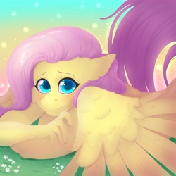 Size: 4096x4096 | Tagged: safe, artist:yutailaarts, derpibooru import, fluttershy, anthro, pegasus, g4, blushing, crossed arms, ears back, female, flower, gradient background, looking at you, lying down, prone, solo