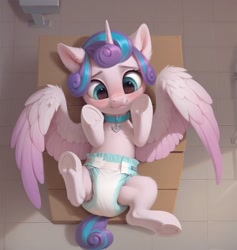 Size: 1472x1552 | Tagged: safe, ai content, derpibooru import, generator:pony diffusion v6 xl, generator:stable diffusion, machine learning generated, princess flurry heart, alicorn, pony, g4, abdl, baby, baby pony, collar, diaper, ear fluff, ears, feathered wings, female, filly, foal, frog (hoof), heart necklace, hoof fluff, hooves, horn, jewelry, leg fluff, legs in air, lying down, necklace, on back, partially open wings, prompter:cayuse, solo, underhoof, wings