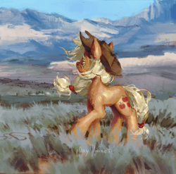 Size: 2048x2020 | Tagged: safe, artist:p0nyplanet, derpibooru import, applejack, earth pony, pony, g4, applejack's hat, chest fluff, clothes, cowboy hat, female, grass, grass field, hairband, hat, high res, leg fluff, looking away, mare, mountain, painterly, signature, solo, windswept mane