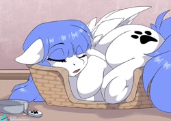 Size: 1100x778 | Tagged: safe, artist:arctic-fox, derpibooru import, oc, oc only, oc:snow pup, pegasus, pony, collar, dog collar, ears, eyes closed, female, floppy ears, mare, mare oc, open mouth, pegasus oc, sleeping, solo, wings