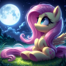 Size: 1024x1024 | Tagged: safe, ai content, derpibooru import, generator:bing image creator, generator:dall-e 3, machine learning generated, fluttershy, pegasus, pony, g4, closed mouth, cute, eyes open, female, full moon, grass, looking up, mare, moon, night, outdoors, prompter:nightofcore, shyabetes, sitting, solo, spread wings, stars, wings