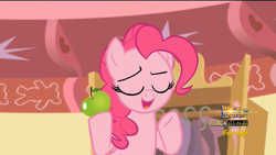 Size: 1280x720 | Tagged: safe, derpibooru import, screencap, pinkie pie, earth pony, g4, the one where pinkie pie knows, apple, female, food, solo, sugarcube corner