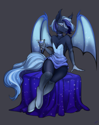 Size: 1712x2153 | Tagged: safe, artist:maryy2323, derpibooru import, oc, oc only, oc:nightwing, anthro, bat pony, unguligrade anthro, alcohol, anthro oc, bat pony oc, blue eyes, blue mane, blue wings, choker, clothes, cocktail, crossdressing, dress, drink, eyeshadow, femboy, gray background, lidded eyes, makeup, male, martini glass, simple background, sitting, smiling, solo, strapless, strapless dress, wings