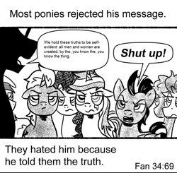 Size: 840x824 | Tagged: safe, artist:pony-berserker edits, derpibooru import, edit, oc, oc:shadowed ember, oc:silver sickle, oc:slipstream, earth pony, pony, unicorn, chick tract, horn, jack chick, meme, meme template, most people rejected his message