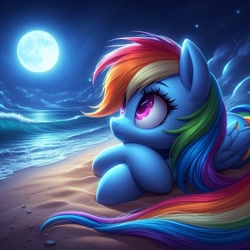 Size: 1024x1024 | Tagged: safe, ai content, derpibooru import, generator:bing image creator, generator:dall-e 3, machine learning generated, rainbow dash, pegasus, pony, g4, beach, closed mouth, cute, dashabetes, eyes open, female, folded wings, full moon, lying down, mare, moon, night, outdoors, prompter:nightofcore, solo, wings