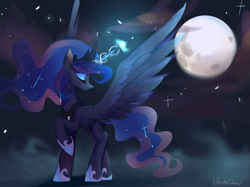 Size: 1439x1079 | Tagged: safe, artist:unclechai, derpibooru import, princess luna, alicorn, pony, g4, beautiful, eyes closed, female, lofter, magic, mare, moon, night, raised hoof, raised leg, signature, slender, solo, spread wings, standing, thin, wings